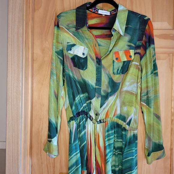 Calvin Klein Green Geoetric Button Down Cinch Waist Tunic M - Picture 3 of 7